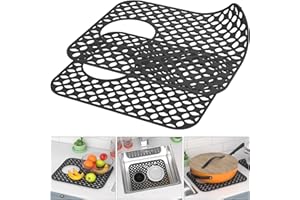 TOOVEM A FAMILY OF MANUFACTURERS TOOVEM Kitchen Sink Mats, 2PCS Non-Slip Heat Resistant Silicone Sink Protector Mat, Folding Farmhouse Rear Drain Sink Mats (Type2: Side Drain, Black)