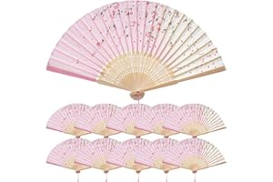 QIRMIZI 10 Pieces Handheld Fans, Silk Folding Fans, Floral Folding Fans for Birthday,Dancing, Cosplay, Weddings, Parties, and Events,Pink Cherry Blossom Rain