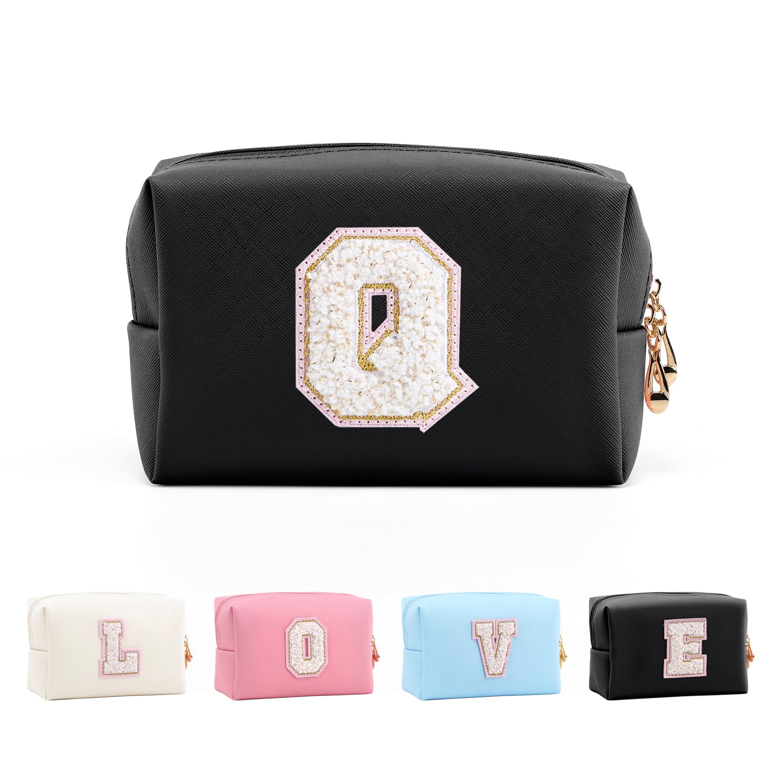 Anntry Small Personalized Initial Letter Makeup Bag, Cute Waterproof PU Leather Chenille Letter Cosmetic Bag Travel Makeup Bag, Preppy Makeup Pouch Toiletry Zipper Pouch Organizer for Women and Girls