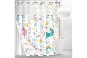 Culudea Unicorns Rainbow Cute No Hook Shower Curtain with Snap in Liner, Cloud Fun Girl Kids Colorful Bath Curtain with Double Layers Waterproof Fabric and Mesh Top Window 71x74 Inch