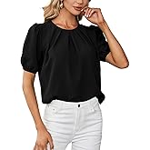 OPOIPIN Women's Pleated Crew Neck Puff Short Sleeve Blouse Shirt Top