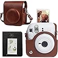 CAIYOULE Protective Camera Case for Instax Mini 12 Instant Camera Fuji Mini 12 Case PU Leather Carrying Bag with Adjustable Shoulder Strap & 64 Pockets Photo Album - Brown