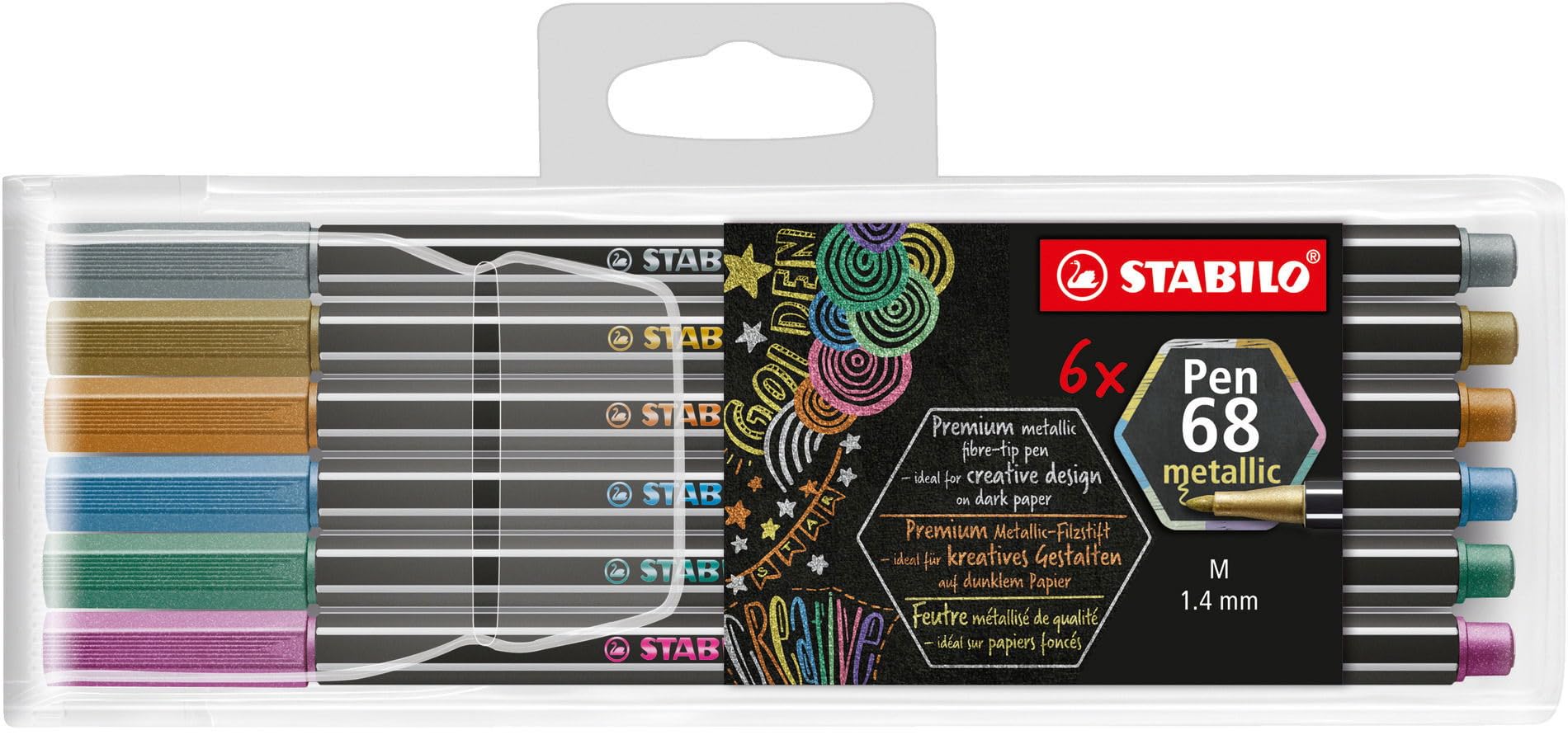 STABILO Pen 68 metallic - Premium Metallic Fibre-Tip Pen - Pack of 6 - Assorted Colours