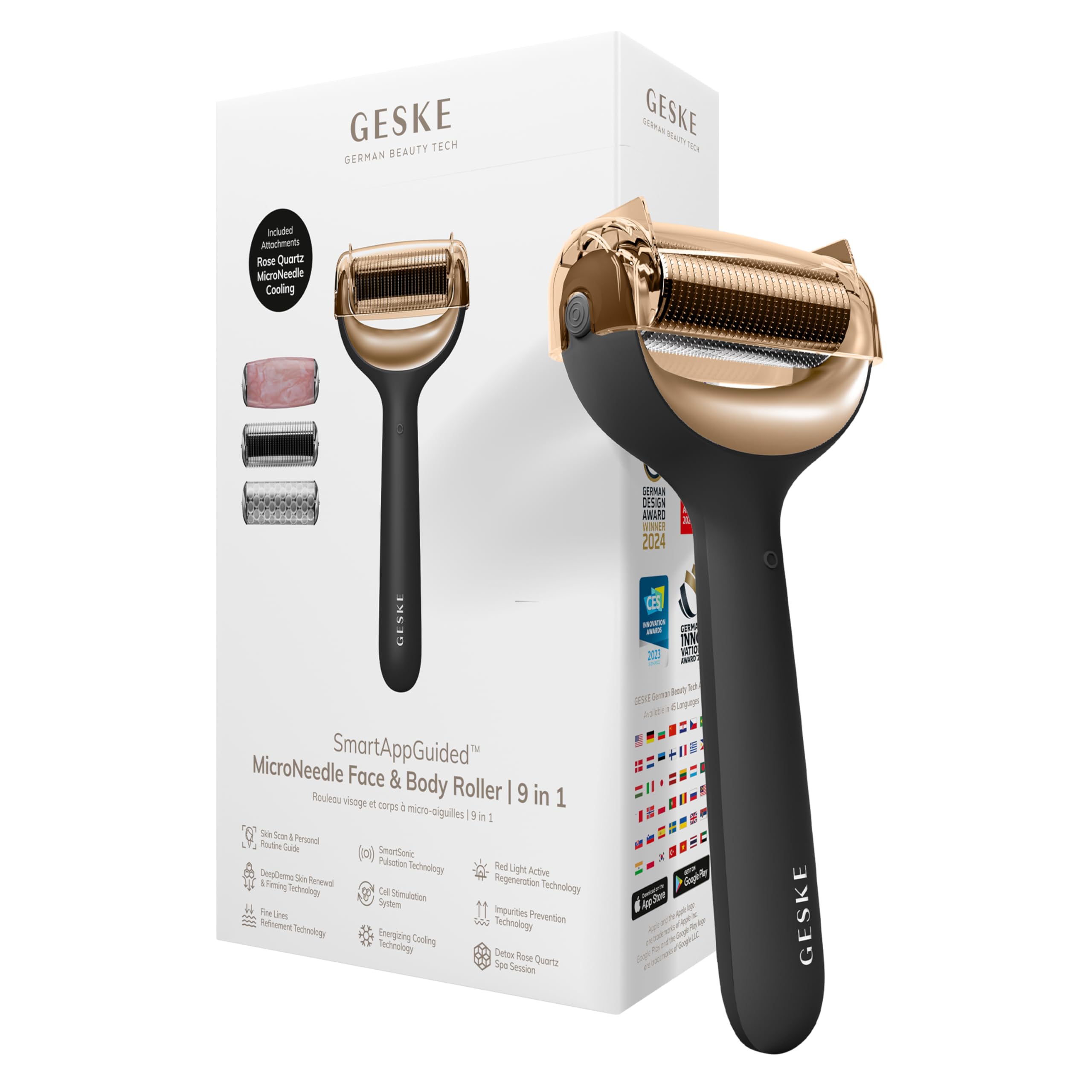 GESKE SmartAppGuided™ MicroNeedle Face & Body Roller | 9 in 1 | Derma Roller | Electric roller with rose quartz | Microneedling device | Needle roller | Beauty roller for face and body