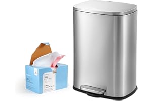 QUALIAZERO 50L/13Gal Heavy Duty Hands-Free Stainless Steel Commercial/Kitchen Step Trash Can & 13 Gal Trash Bag Set, Fingerprint-Resistant Soft Close Lid Trashcan, Rectangle Shape (50L RECT & Bag)