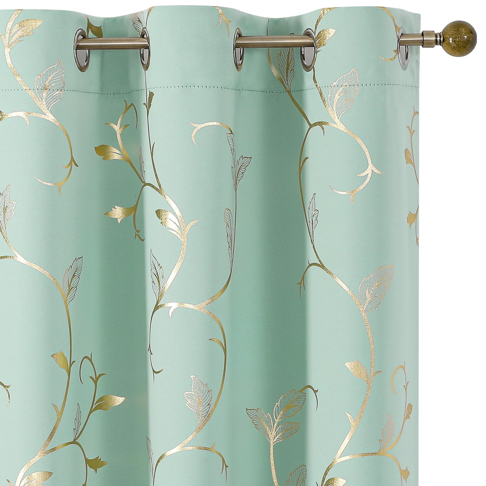 BUHUA Blackout Curtain 2 Panel Set Gold Vine Foil Print Thermal Insulated Drapes Room Darkening Curtains Grommet Window Treatment, 38 x 72 Inch, Aqua Image