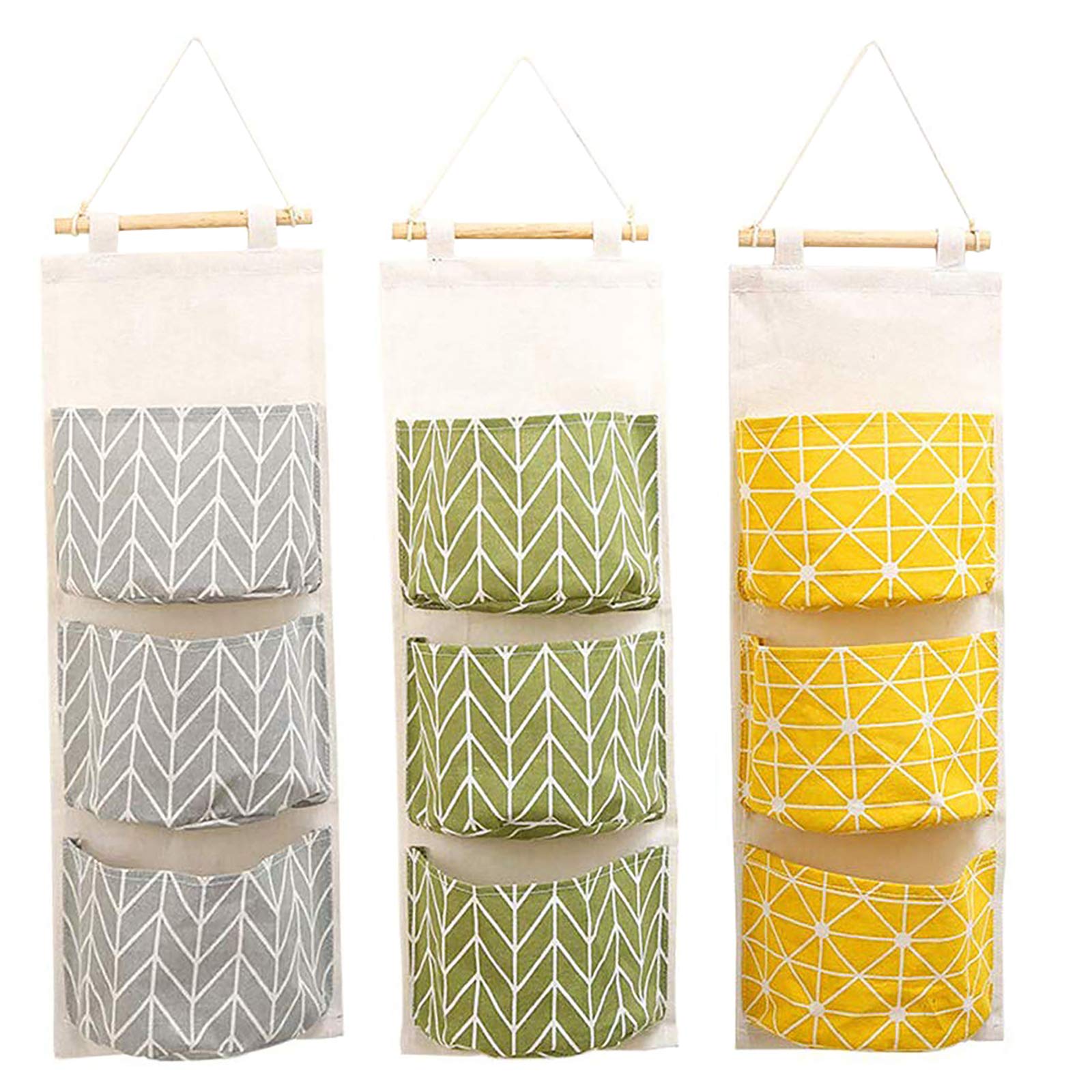 ZhengYue Wall Hanging Storage Bag, Waterproof Over The Door Closet Organizer| Linen Farbric Hanging Pocket Organizer with 3 Remote-Sized Pockets for Bedroom, Bathroom Yellow + Gray +Green