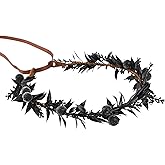 KorViSHOW Handmade Black Flower Crown - Adjustable Black Floral Headband Renaissance Hair Accessories Elf Headpiece Boho Garland for Women Girls Renaissance Festival Photography Props