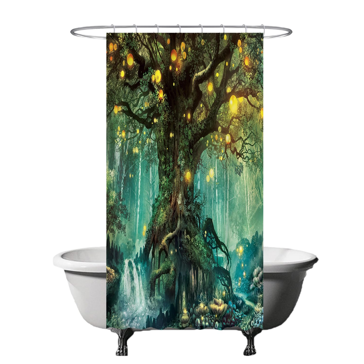 Ulticool Shower Curtain - Fairy Tale Elf Tree Magic Forest Nature - 120 x 200 cm - Washable - Waterproof - Anti Mould - with 8 Rings - Green Yellow