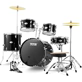 VEVOR Adult 5-Piece Drum Set, 22 Inches Complete Full Size Kit with Bass, Toms, Snare, Floor, Adjustable Throne, Stands, Cymbal, Hi-Hat Pedal and Drumsticks, Black