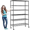 6 Tier Wire Rack Storage Shelves Wire Shelving Unit with Wheels Heavy Duty NSF Utility Steel Shelves Height Adjustable Kitchen Garage Shelf Racks, 82"x 48"x 18", Black