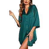 Ekouaer Satin Nightgowns for Women Silk Sleepwear Button Down Sleepshirt 3/4 Sleeve V-Neck Nightshirts with Pockets