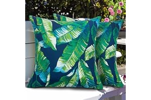 Magpie Fabrics Patio Pillow Covers ONLY 18"x18", Set of 2, Fade-Resistant Outdoor Indoor Decorative Throw Pillowcase Shell for Couch Garden Furniture - Green Lagoon Leaves