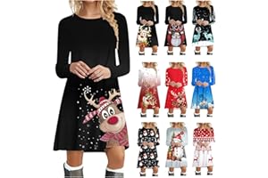Christmas Dresses for Women Funny Party Outfit Long Sleeve Crewneck Casual Tunic Dress Ugly Printed Holiday Costume