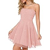Meetjen Women's Sparkly Cocktail Dress A Line Ruched Tulle Sequin Short Prom Dresses for Teens 2026 Summer Party
