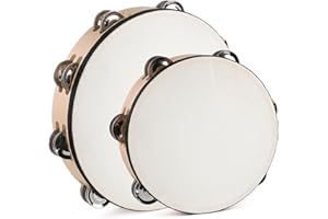 LIEKE Tambourine 10 Inch & 8 Inch Goatskin Drumhead Beechwood Hand Held Drum Tambourines for Adults kids with 8 Pairs Metal Jingles for Music Classroom Dance Party Church Game Props