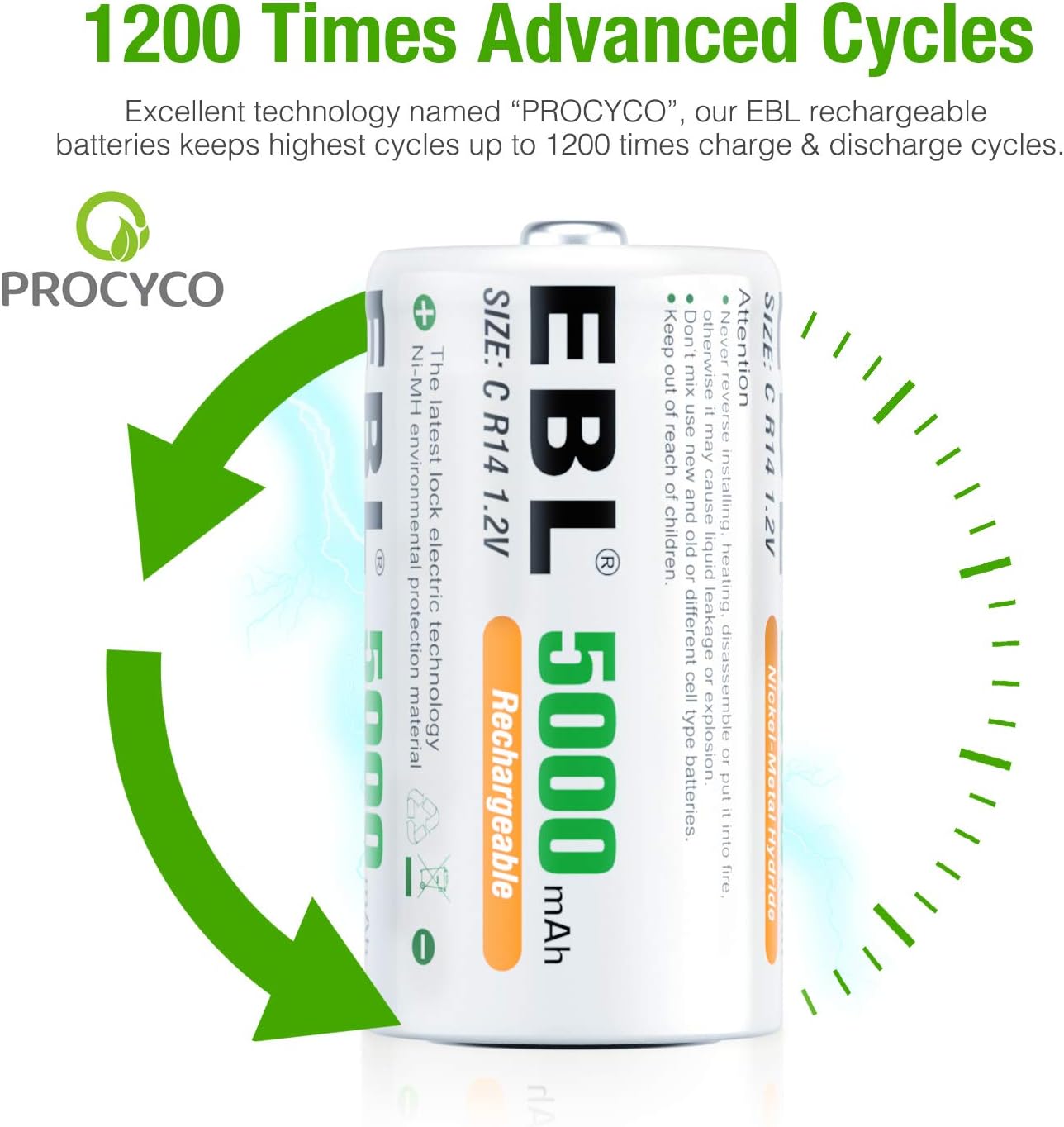 EBL Rechargeable C Batteries 5000mAh Ni-MH C Size Battery, Pack of 8: Home Audio & Theater