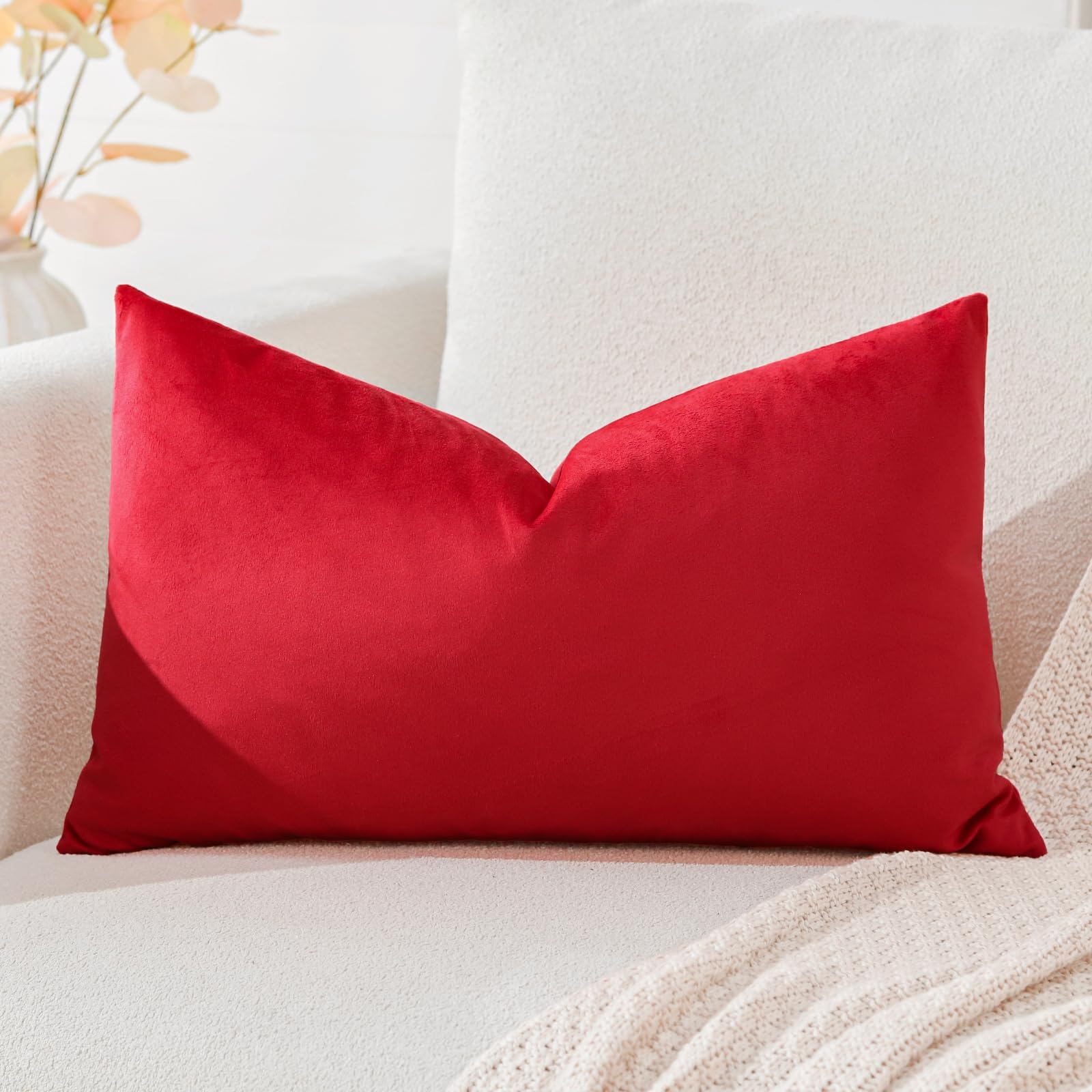 Artscope Luxury Velvet Cushion Covers Decorative Rectangle Pillowcases Soft Solid Cushion Cases for Couch Sofa Bedroom Car Decor 40x60cm Red