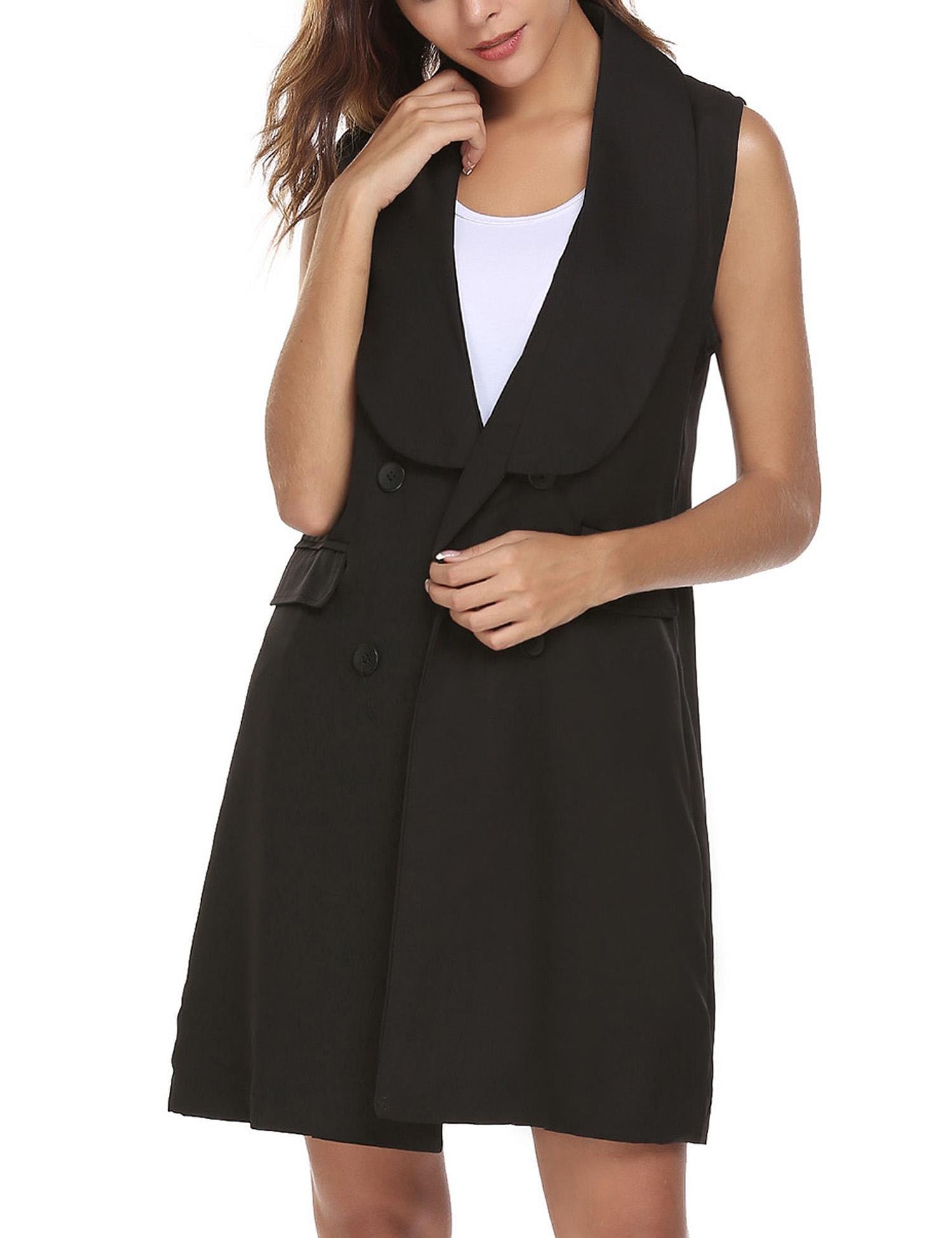 Zeagoo Women Casual Sleeveless Solid Vest Trench Coat With Pockets Long Suit Coat Waistcoat Black/L