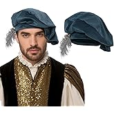 Cdecgo Medieval Tudor Hat with Feather Minstrel Muffin Elizabethan Renaissance Cap