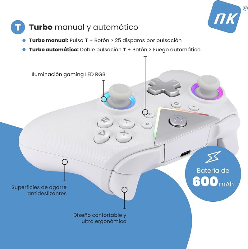 Mando Inalámbrico Bluetooth para PC - Compatible con Switch/Smartphone Android y iOS, 2 Botones Macro, Vibración Dual, 6 Ejes, Luces LED, Color Negro (Blanco)