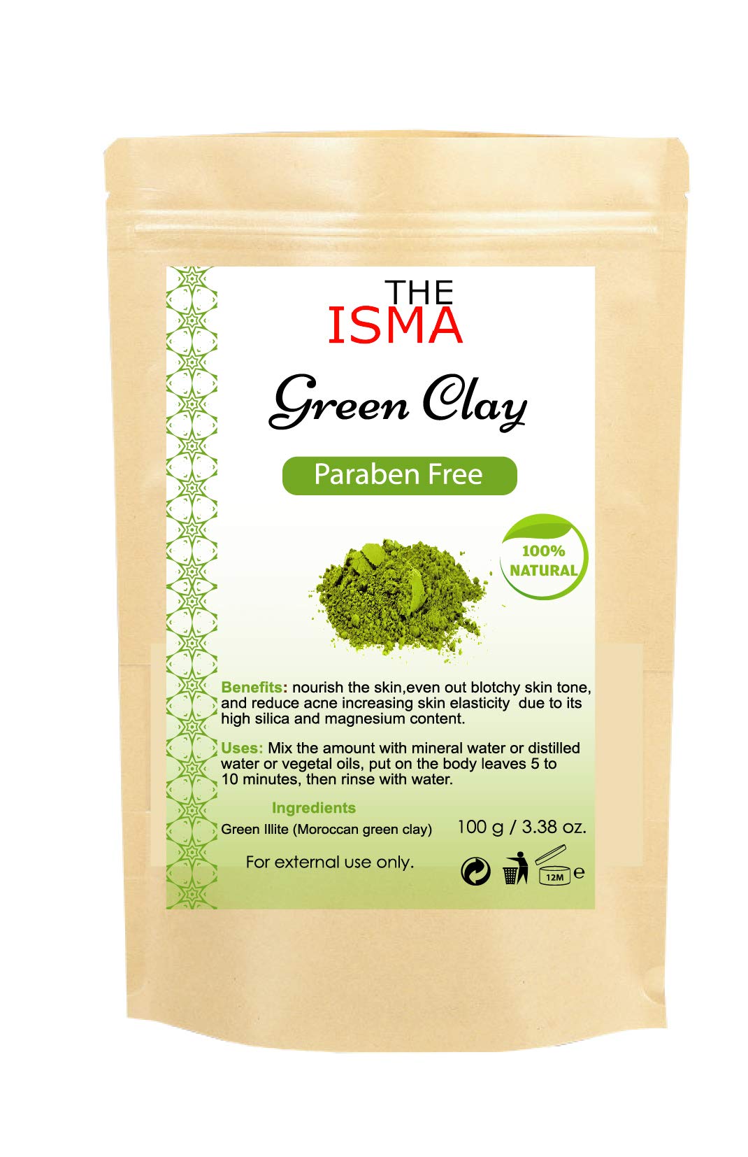 THE ISMA Moroccan Clay Powder for Face & Hair Mask | Ghassoul Clay, Green Clay, Red Clay & White Clay | Natural Cleansing Clay for Facial Mask, Hair Mask & Skin Care (100g, Green Clay)