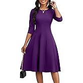 CLOCOR Casual Midi Dresses for Women A-Line Fit and Flare Elegant Church 3/4 Sleeve Crew Neck Dress with Pocket