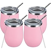 MEWAY 12oz/4 Pack Wine Tumbler Glasses with Lid - Stemless Double Wall Vacuum Stainless Steel Travel Tumbler - Keeping Cold & Hot for Wine,Coffee,Cocktails,Drinks-Family and Gifts (Pink,Set of 4)