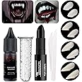 Go Ho Vampire Fangs Teeth with Adhesive and Fake Blood Makeup,Sticky Edible Blood,Black Lipstick,4 Pairs 4 Sizes Fangs,Vampire Accessories for Halloween Costumes Cosplay