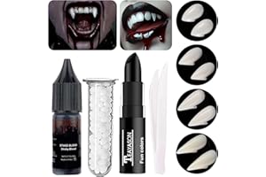 Go Ho Vampire Fangs Teeth with Adhesive and Fake Blood Makeup,Sticky Edible Blood,Black Lipstick,4 Pairs 4 Sizes Fangs,Vampire Accessories for Halloween Costumes Cosplay