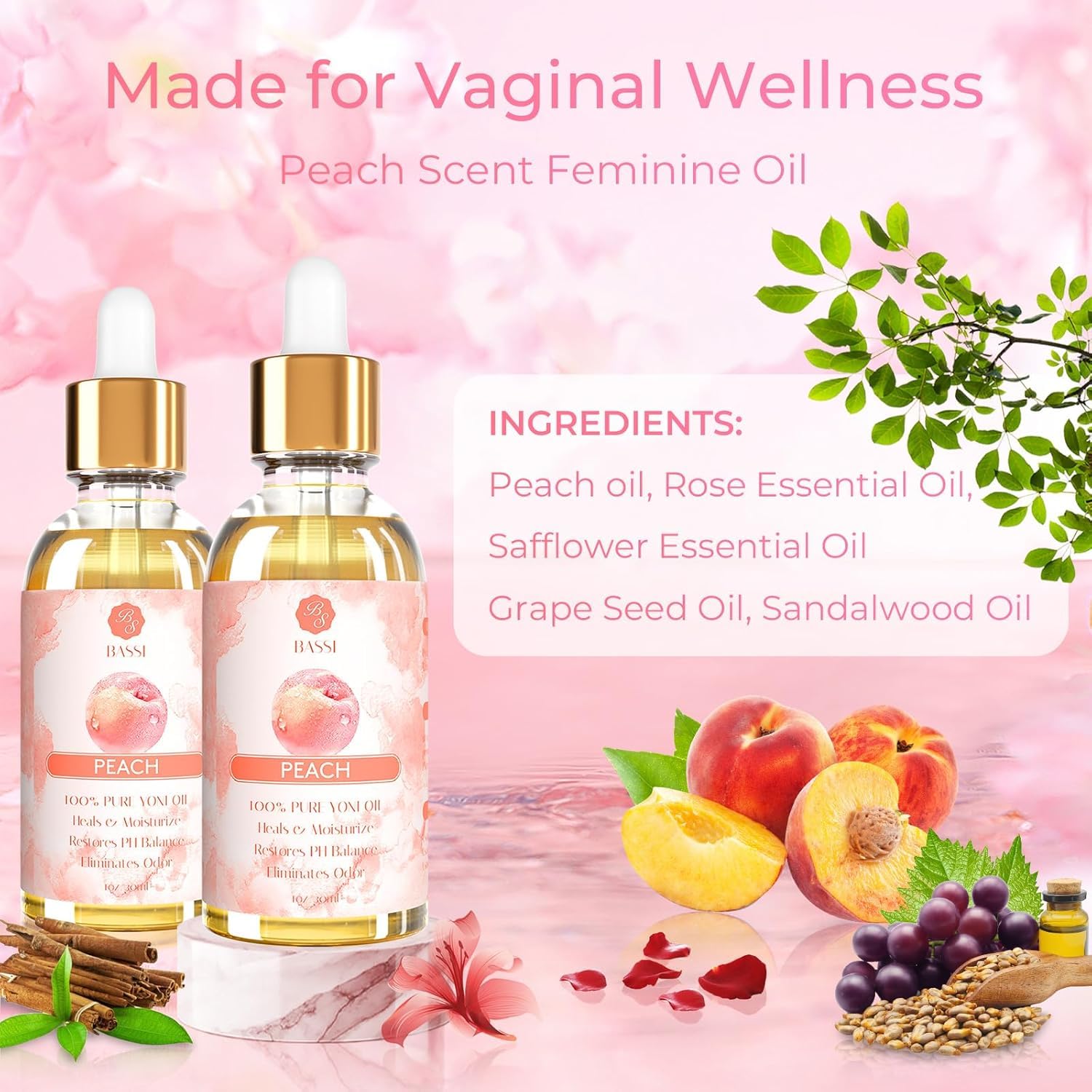3 Packs Yoni Oil for Women - Feminine Care Oil - All Natural Vaginal Essential Oils, Reduces Odor, Restores pH Balance and Wetness, 1 fl oz/pc Strawberry Pineapple Peach Scent