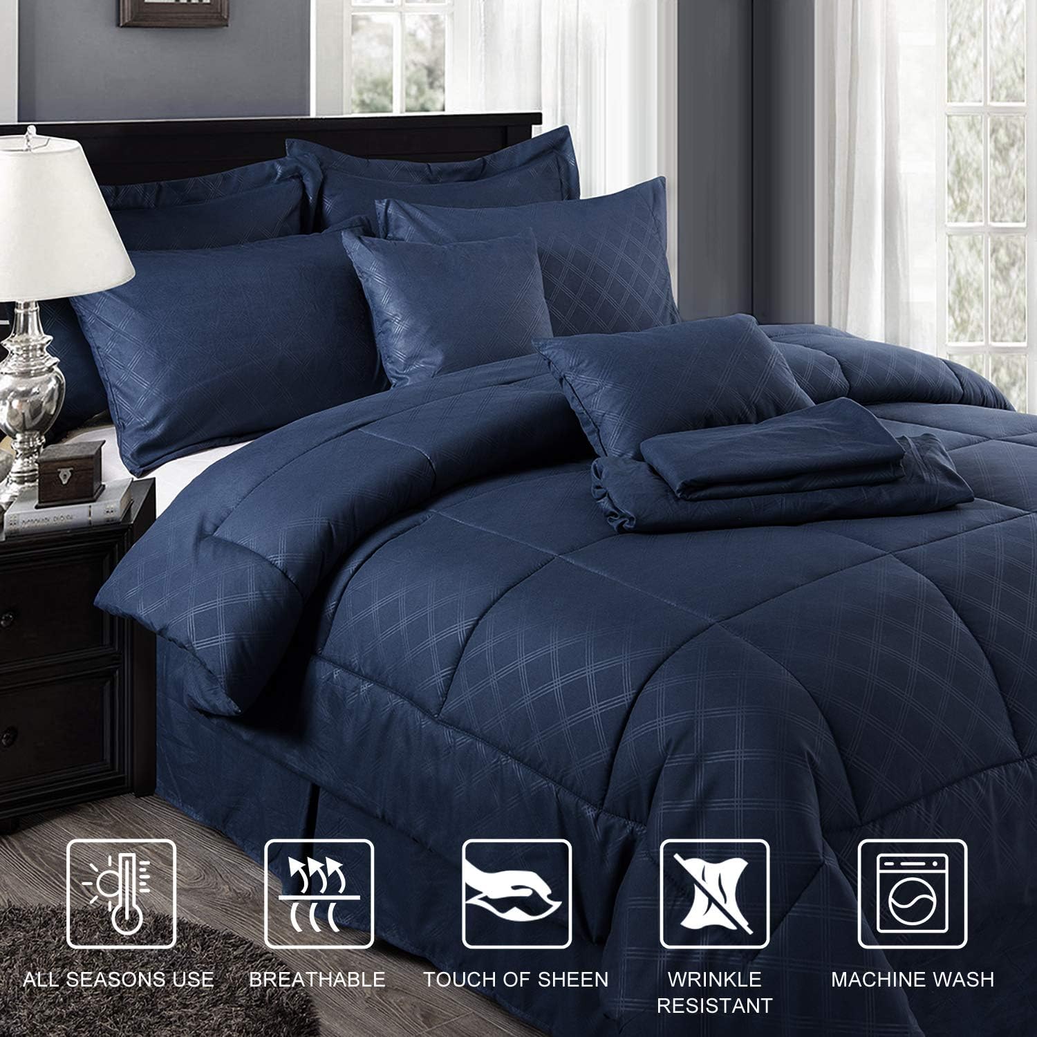 JML Comforter Set, 10 Piece Microfiber Bedding Comforter Sets with Shams - Luxury Solid Color Quilted Embroidered Pattern, Perfect for Any Bed Room or Guest Room (Navy, Cal King): Kitchen & Dining