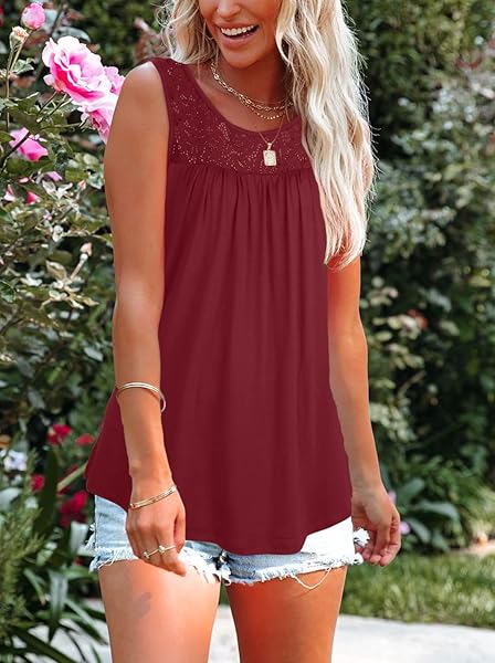 ZROZYL WOMEN’S SUMMER SLEEVELESS LACE PATCHWORK PLEATED CASUAL TANK TOPS WINE RED,S