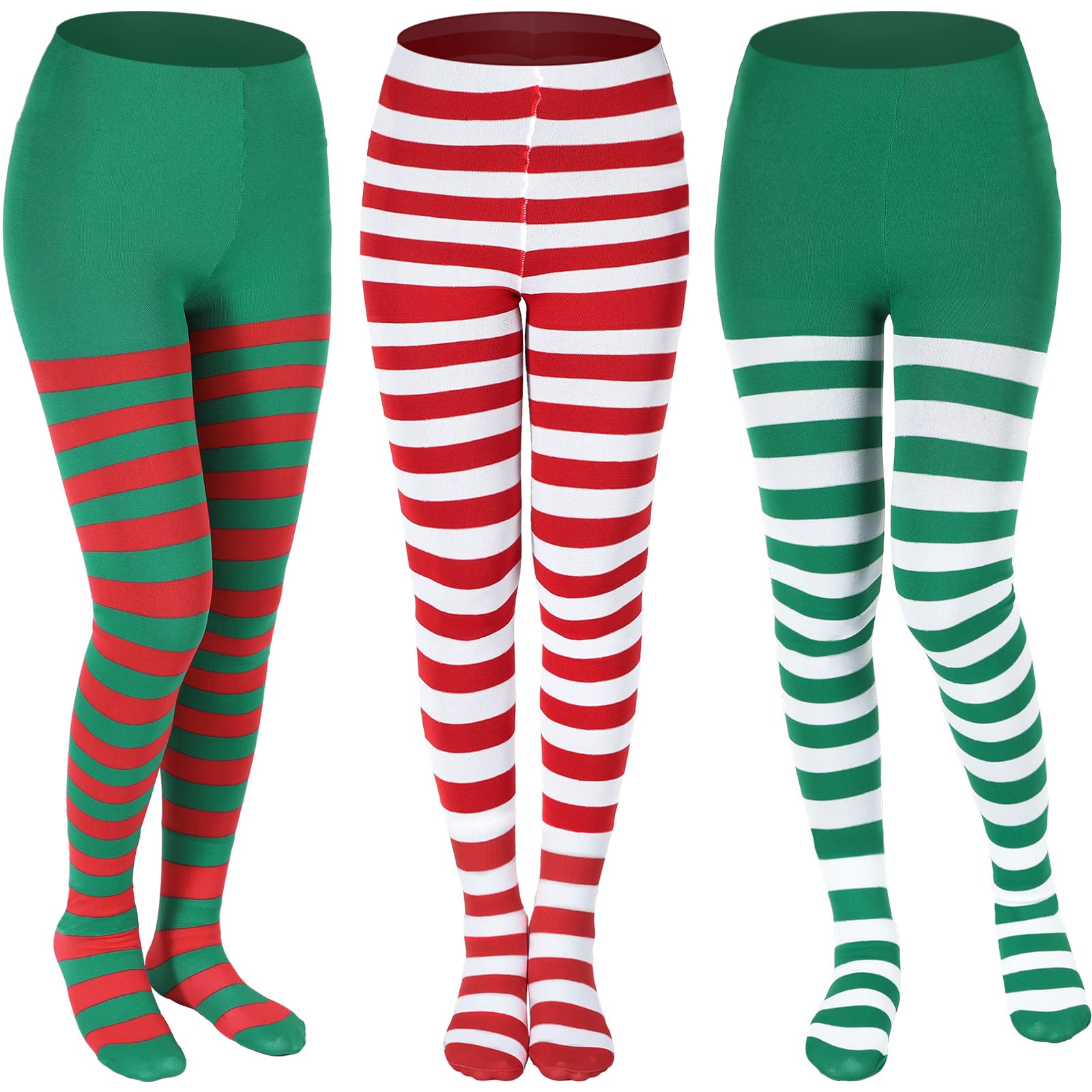 Geyoga 3 Pairs Christmas Striped Tights Full Footed Opaque High Stockings Red Green White Stripy Tights for Christmas Women Costumes