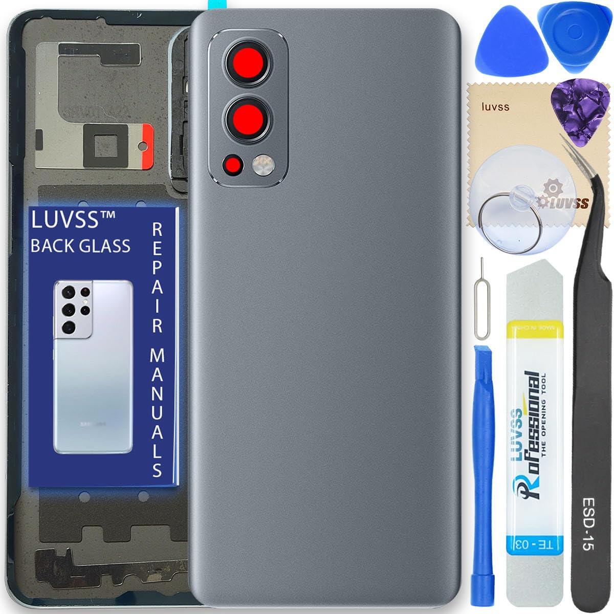 LUVSS Back Glass Cover Replacement Compitable for OnePlus Nord 2 5G Rear Cover + Camera Lens + Repair Manual DIY Tools Kit (Gray)