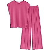 Ekouaer Lounge Sets for Women Two Piece Outfits Knit Cap Sleeve Tops Wide Leg Pleated Pants Casual Dressy Sweater Sets