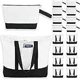 HWJH 16 Pcs Canvas Tote Bags Bulk and Makeup Pouches Set, 12oz Cotton Reusable Zippered Grocery Bags with Handles, DIY Sublimation, Christmas Craft, Beach & Travel with External Pocket (Women & Men)