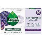 Seventh Generation Dryer Sheets Fabric Softener, Fresh Lavender, 80 Sheets | Biobased formula softens fabric; Works in all machines &amp; all water temperatures; Safer for your Family; Fresh Lavender Scent