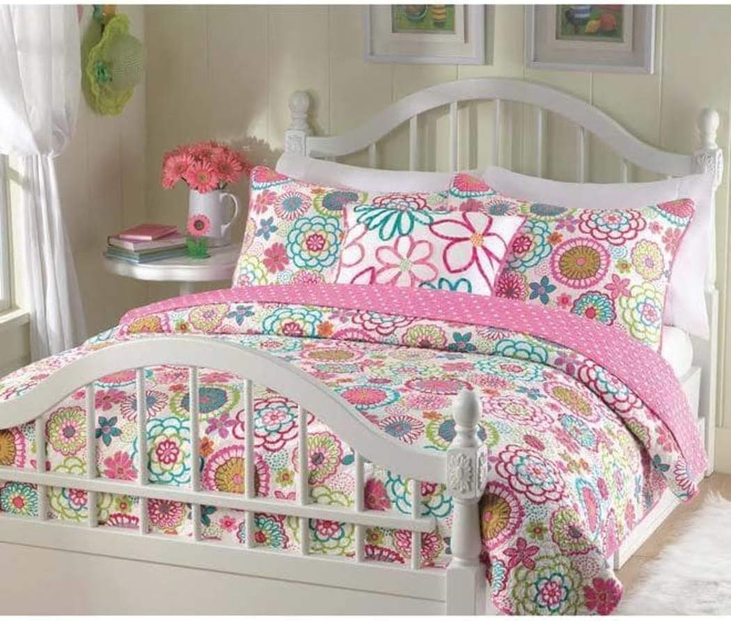 Girls reversible flower and polka dot quilt set (Twin) by quilt set