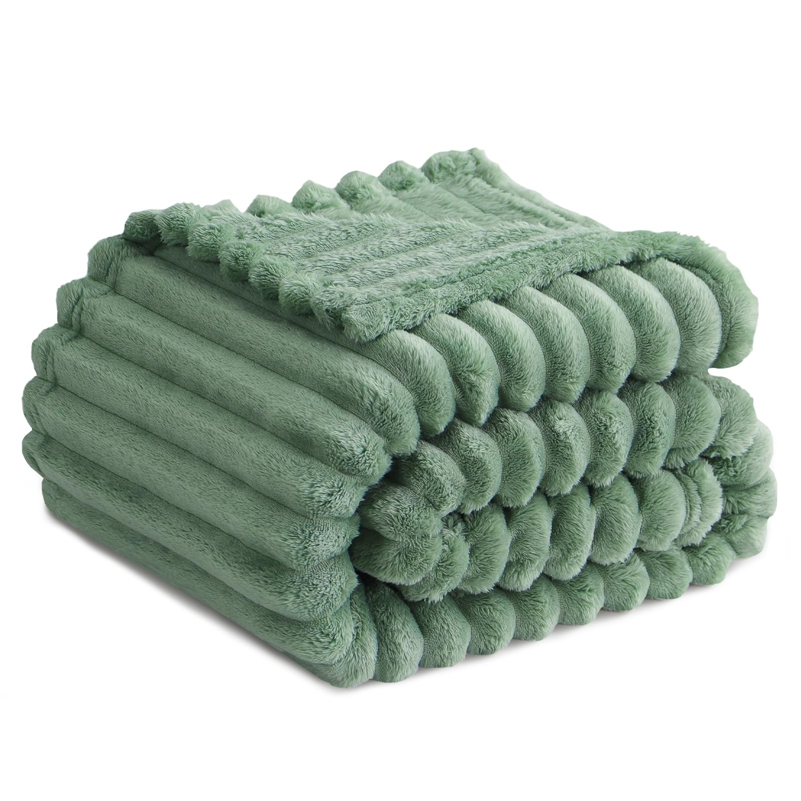 RUIKASI Fleece Throw Blanket for Sofa - Single Fluffy Green Throws for Sofas Large, Soft Warm Blanket Throw for Couch, Luxury Decorative Ribbed Bed Blanket 130x150cm