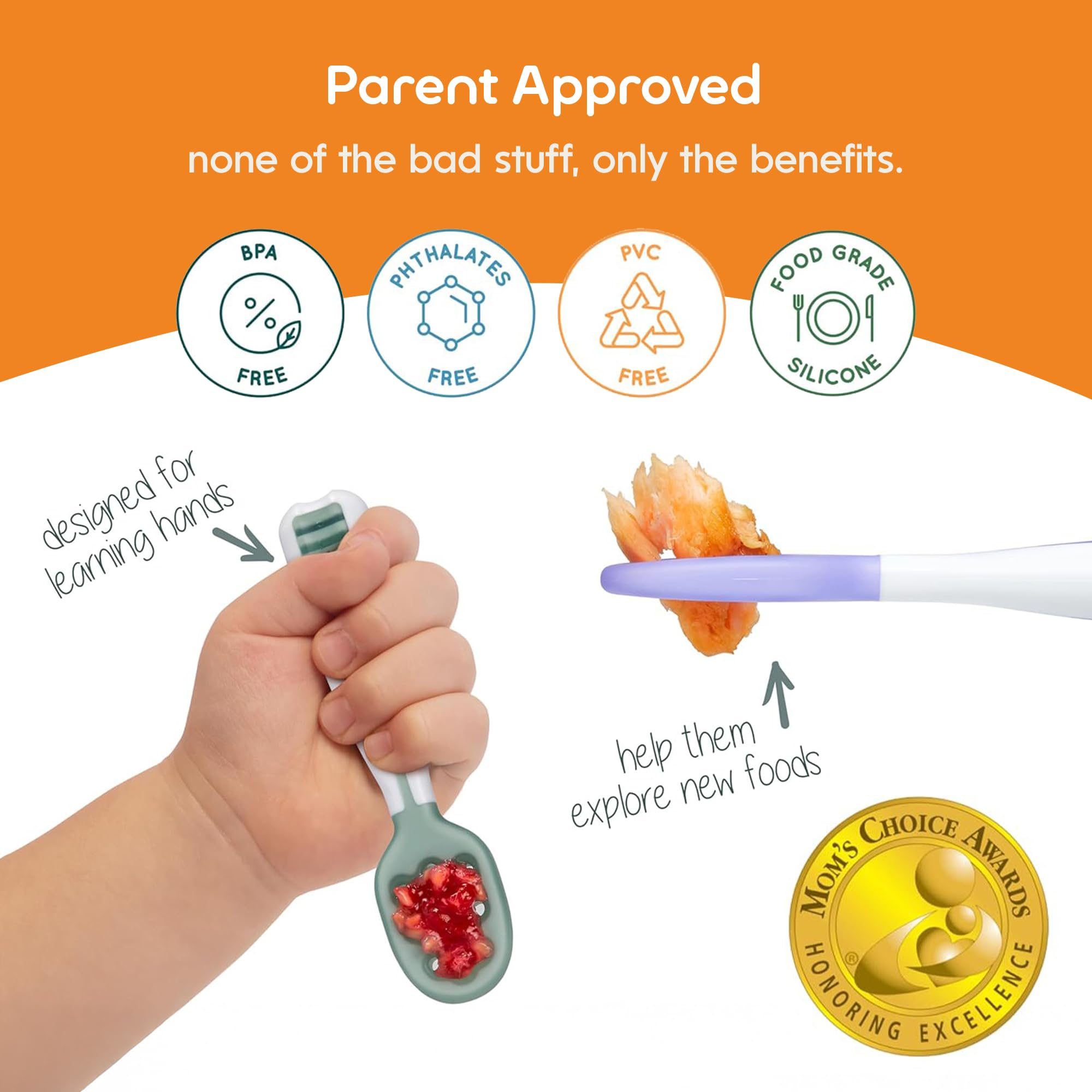 NumNum Baby Spoons Set, Baby Essentials Pre-Spoon GOOtensils for 6+ Months, First Stage Self-Feeding Spoons for Baby Led Weaning (BLW), Silicone Toddler Utensils, BPA-Free, 2 Pack Gray/Green