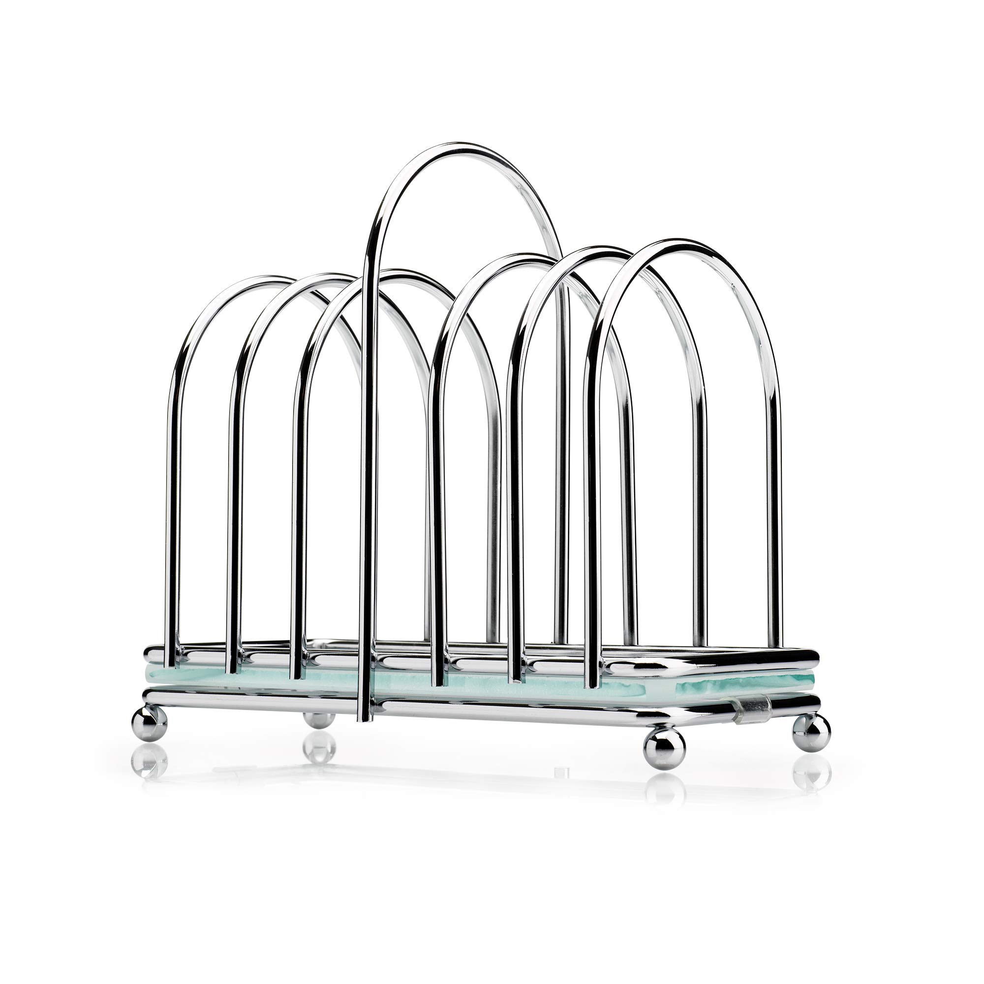 Kilo BA87 Art Deco Design Chrome 6 Slice Toast Rack with Frosted Glass Base, Ball Feet and Loop Carry Handle, Silver