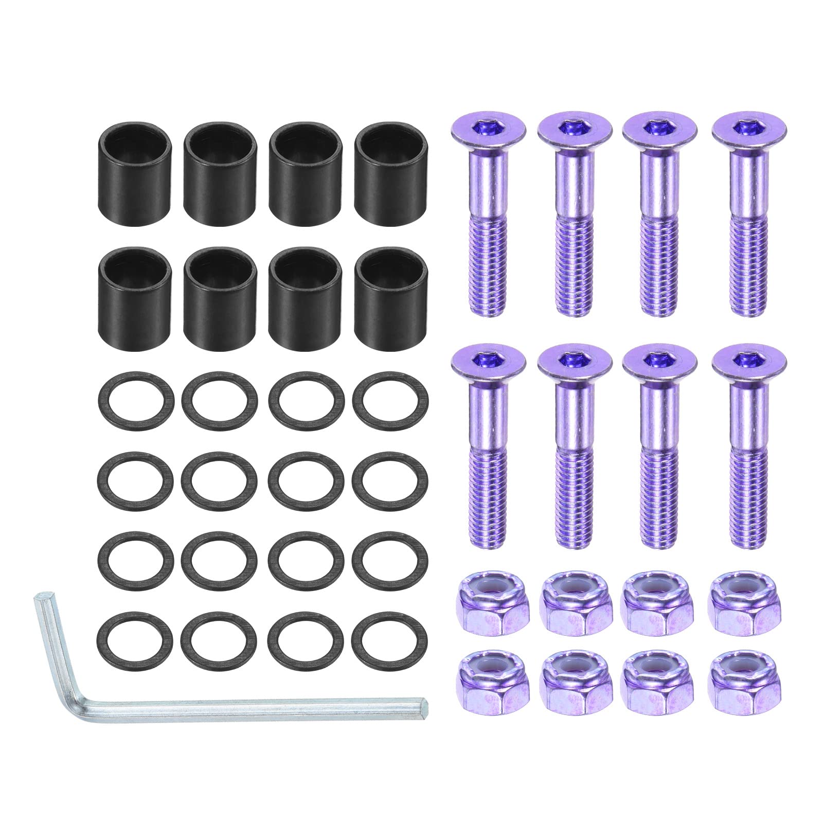 PATIKIL 1 Inch Skateboard Hardware Screws Bolts Kit, 8Pcs Skate Tools Mounting Hex Key Parts with Spacers Washers Nuts Wrench for Skateboard Longboard Wheel Accessories, Purple Black