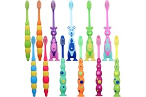 Lauwell 12-Piece Toddler Toothbrush Pack - Kids Toothbrushes with Covers, Suction Cup, Soft Bristles, Animal Design for Sensitive Teeth