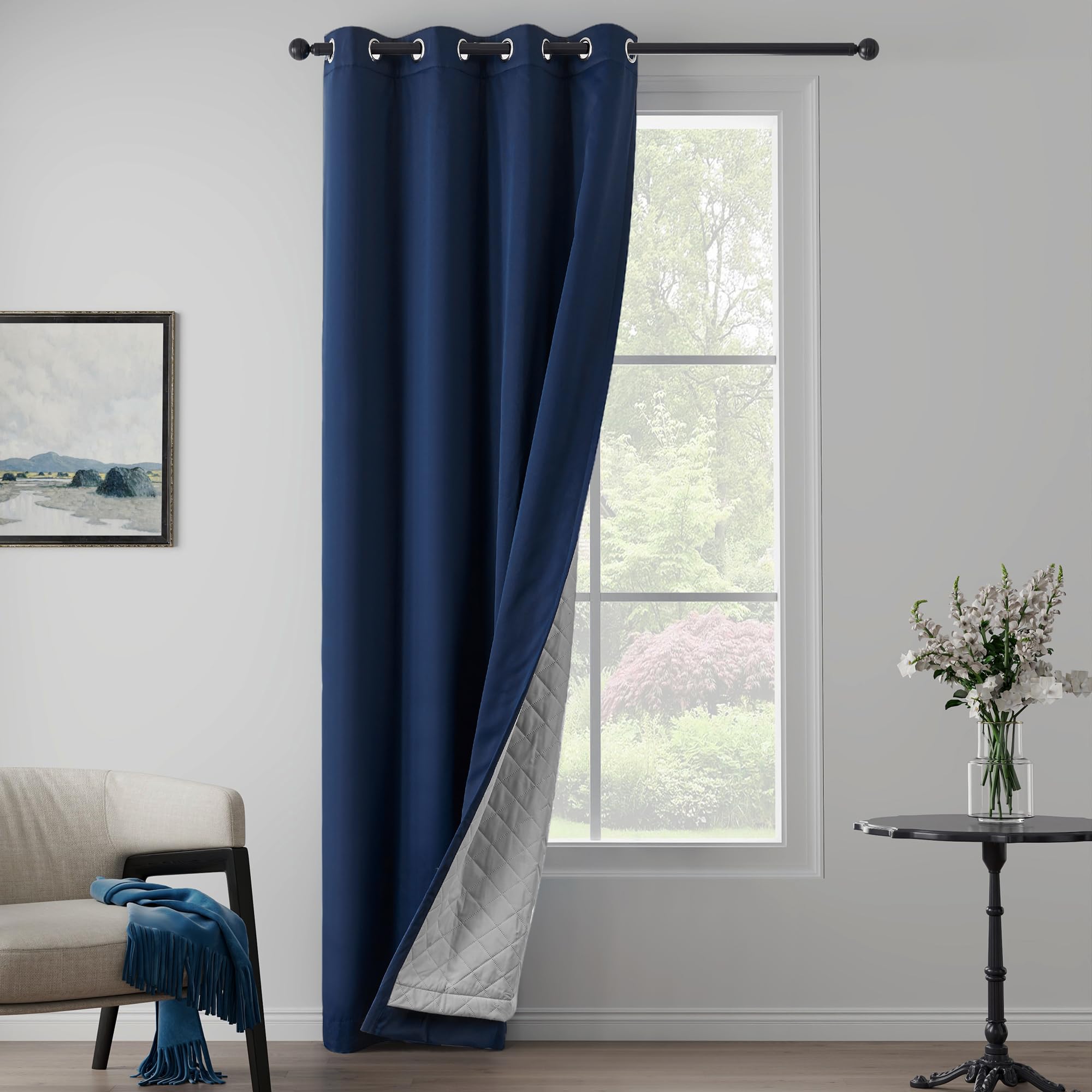 Photo 1 of LCOOMZEN 3-in-1 Layers Noise Cancelling Curtains for Bedroom Grommet Full Blackout Window Drapes Thermal Insulation Winter Curtains for Living Room (1 Panel, Navy Blue, 50" x 84")