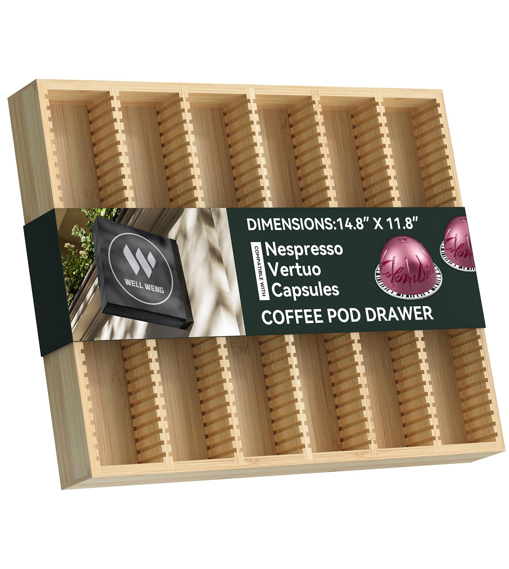 Photo 1 of WELL WENG for Nespresso Vertuo Capsules - Premium Bamboo Coffee Pod Drawer Insert Organizer for Counter (48 Big or 60 Small Pods)-14.84" Wx11.81" Dx1.54" H
