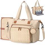 Tonyeee Diaper Bag Tote, Large Baby Diaper Bags Waterproof, Hospital Bag for Labor Delivery with Pacifier Case, Changing Pad, Shoulder Strap, khaki