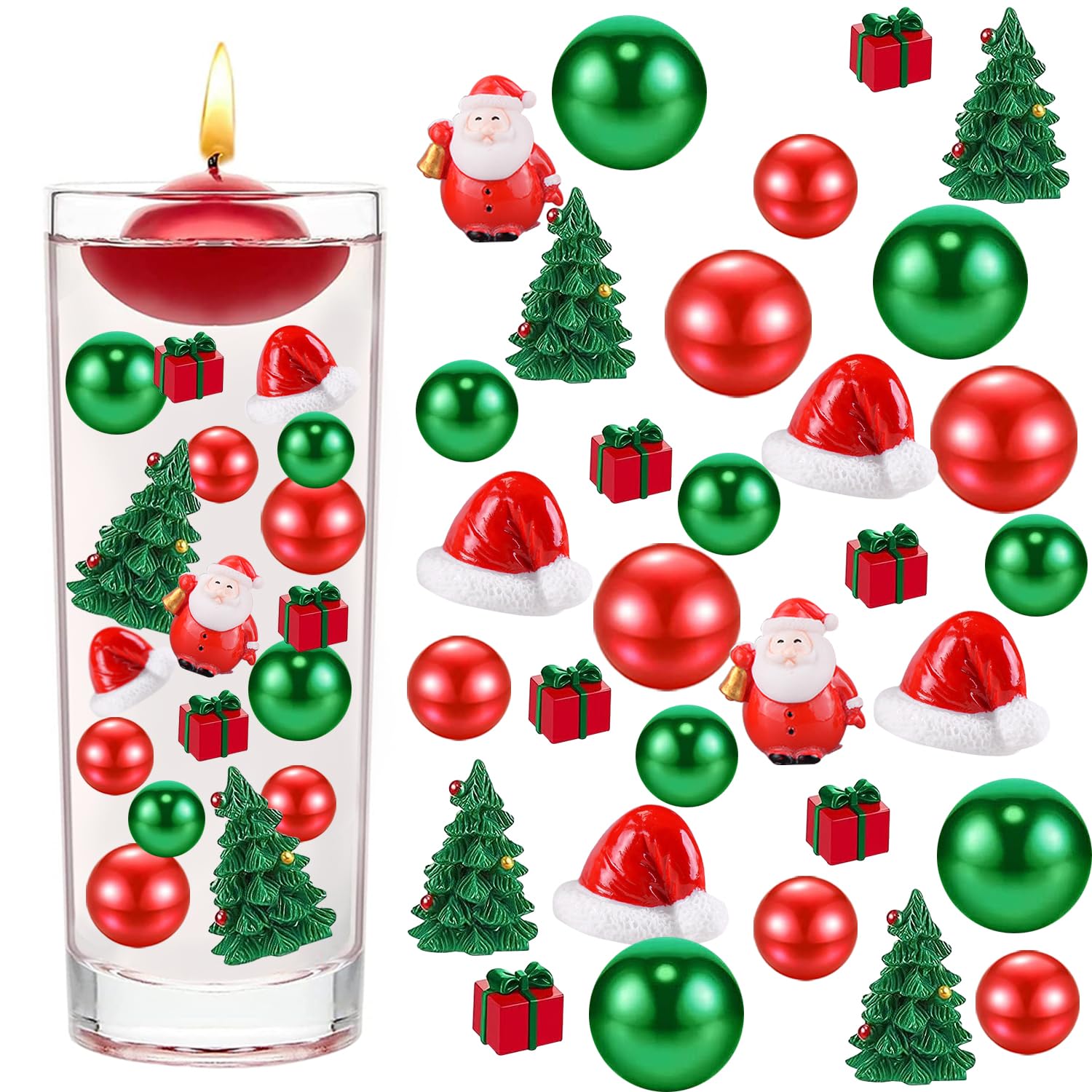 Photo 1 of 10066Pcs Christmas Vase Filler Decor Set Red Green Beads Santa Hat Christmas Trees Gift Boxes Vase Filler for Home Party Decoration