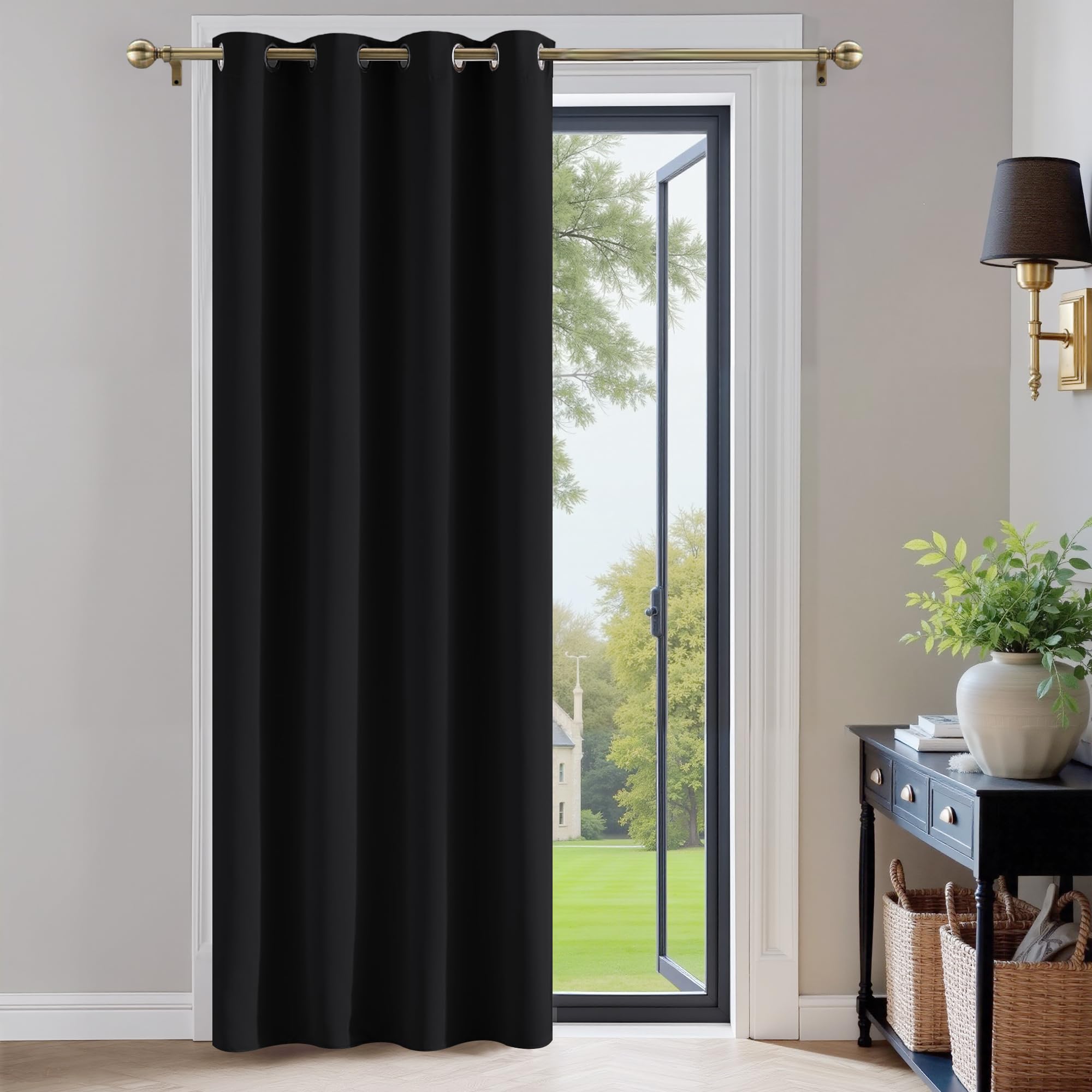 PONY DANCE Door Curtain Thermal - 1 Panel Blackout Curtains for Living Room Bedroom Kitchen Privacy Screen Heat Cold Insulated, 46 inch Width x 84 inch Drop, Black