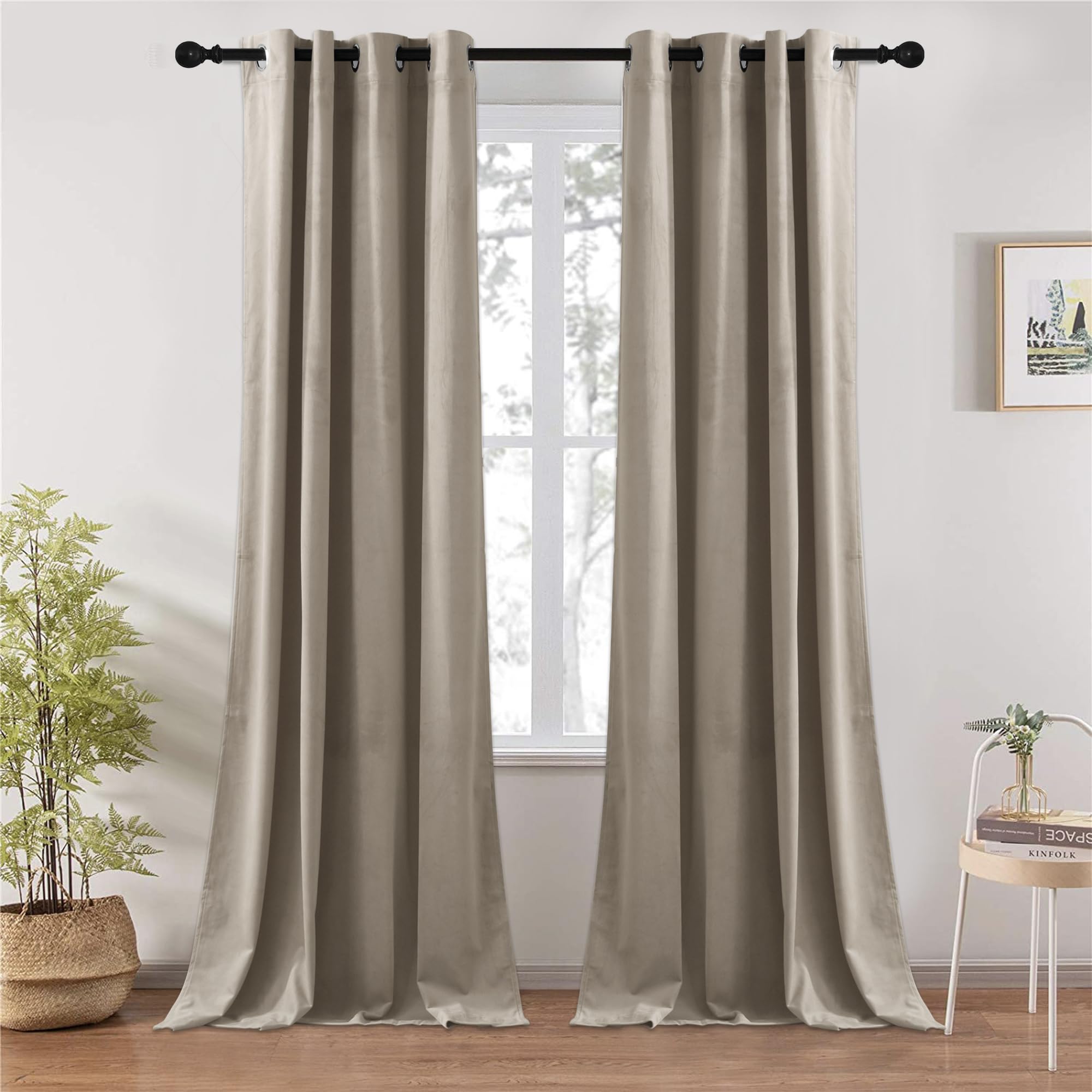 Photo 1 of RYB HOME Extra Long Camel Beige Velvet Curtains 102 inches, Grommet Top Soft Fabric Room Darkening Thermal Insulated Luxurious Home Decor Curtains for Living Room Bedroom, W 52" x L 102", 2 Panels